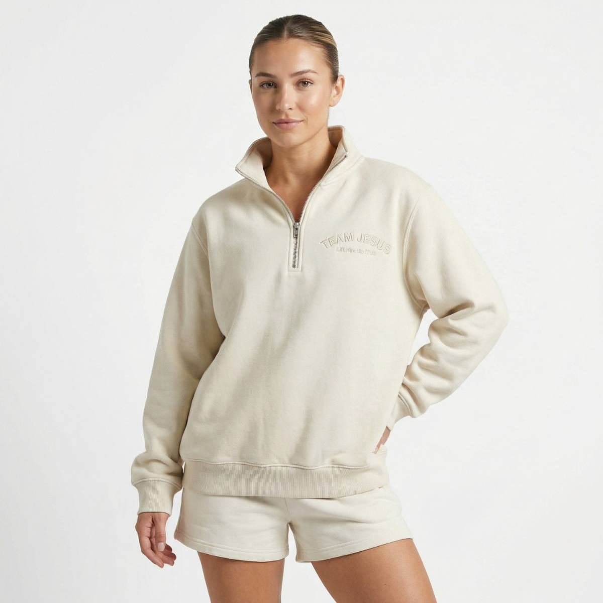 Team Jesus Half Zip Premium Sweater - Bone